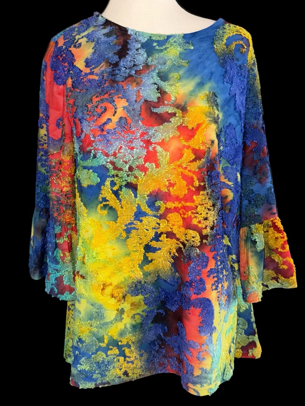 Calessa NY Women’s Small Burnout Tunic Top Colorful Abstract Floral Bell sleeves
